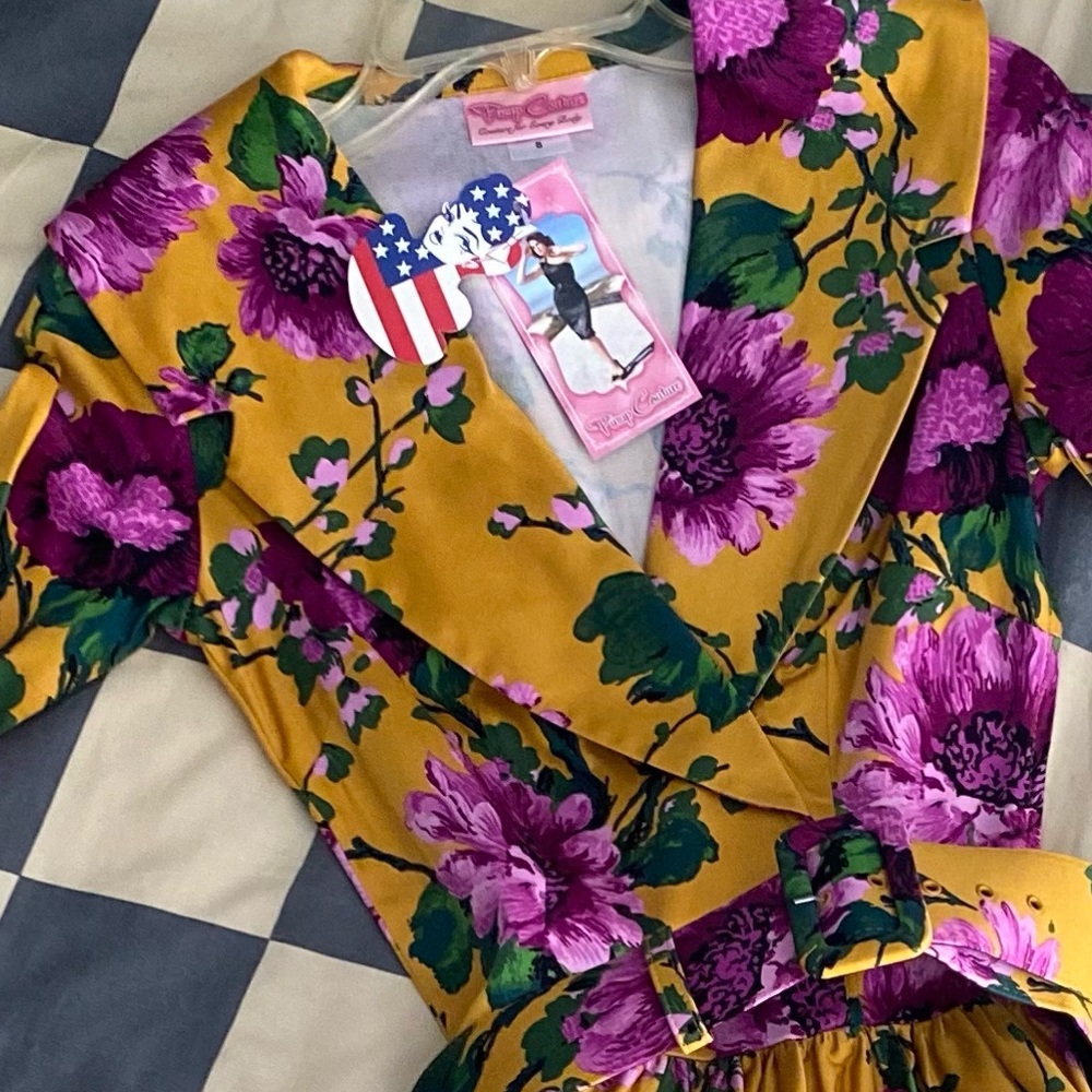 Pinup Couture PUG Girl Clothing Small Floral Birdie Dress Mustard Purple Easter - Picture 2 of 5